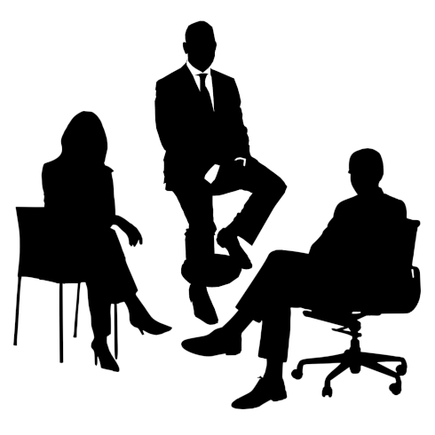 Three people sitting on different chairs