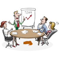 Illustration with two female and two male persons discussing a chart at a table where lies a dog beneath